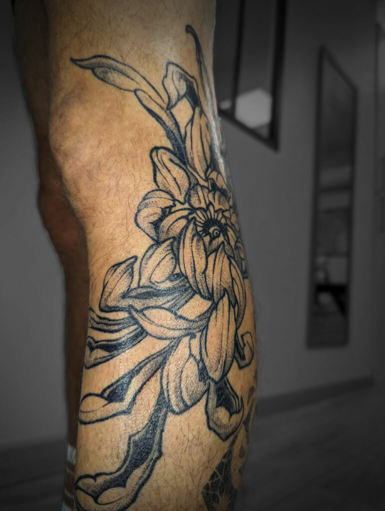 tatouage chrysentheme japonaise mollet tibia