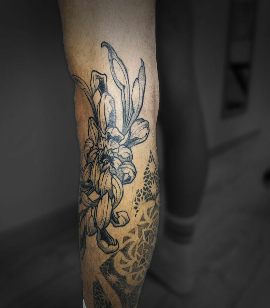 tatouage chrysentheme japonaise mollet tibia