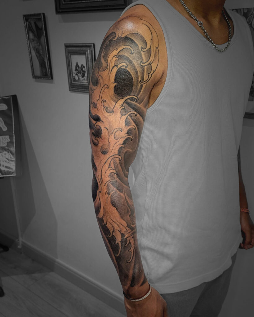 Spintattoo tatouage Lyon Brignais japonais full sleeve finger waves