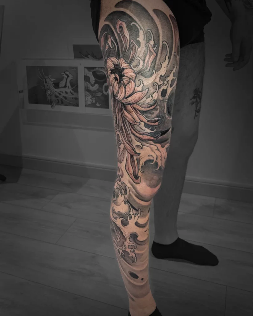 Spintattoo tatouage Lyon Brignais japonais full leg Chrysanthème
