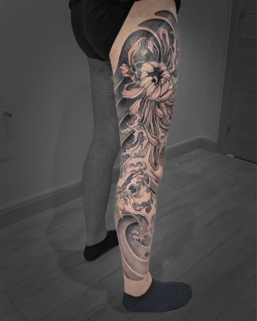 Spintattoo tatouage Lyon Brignais japonais full leg Chrysanthème