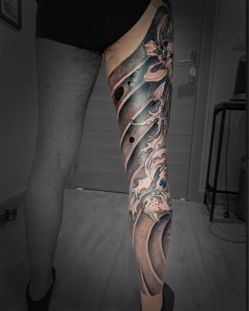 Spintattoo tatouage Lyon Brignais japonais full leg Chrysanthème