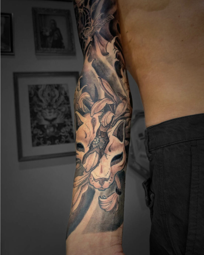 Spintattoo tatouage Lyon Brignais japonais samouraï chat Kitsune