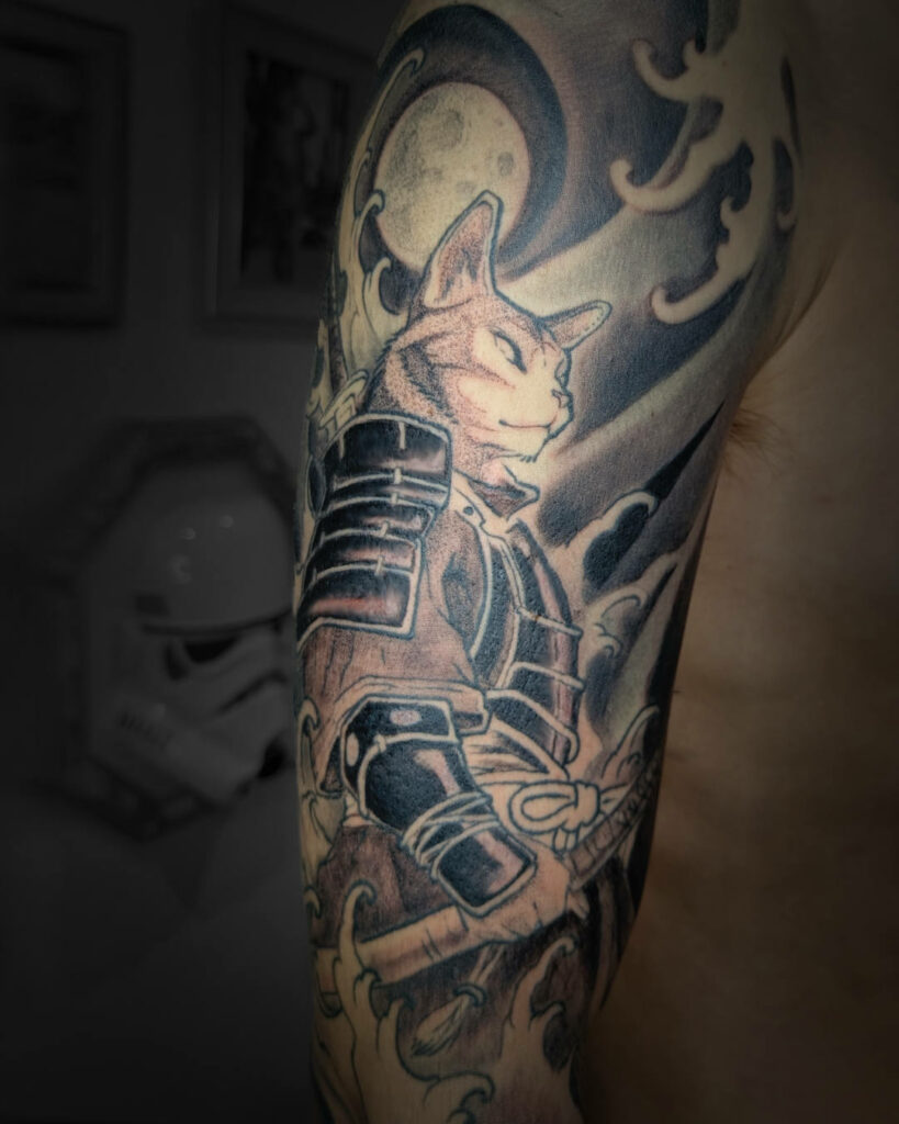 Spintattoo tatouage Lyon Brignais japonais samouraï chat