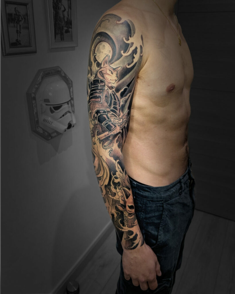 Spintattoo tatouage Lyon Brignais japonais samouraï chat Bras
